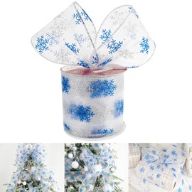 HUIHUANG Snowflake Wired Ribbon 4 inch x 25 Yards Glitter Blue and Silver Snowflake Sheer Wired Ribbon for Christmas Tree Decorations, Large Bows Making, Gift Wrapping, Home Decor, Garlands