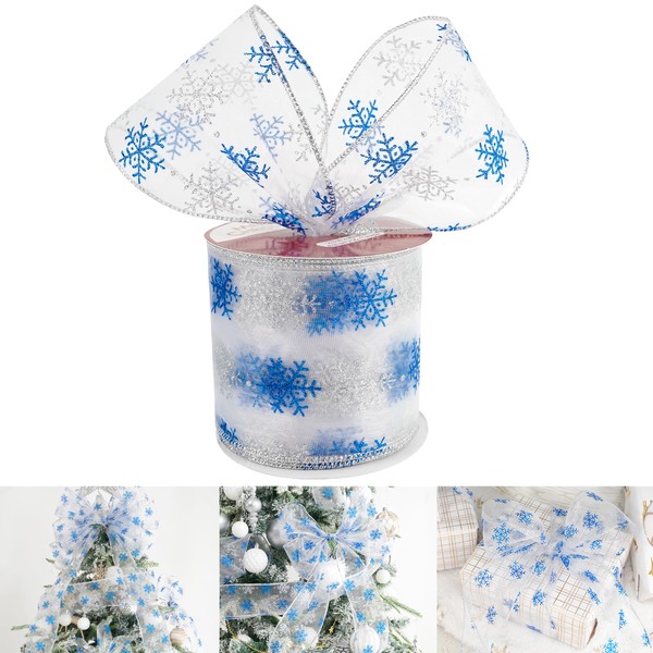 HUIHUANG Snowflake Wired Ribbon 4 inch x 25 Yards Glitter