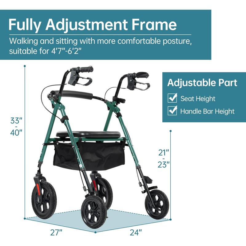 ELENKER All Terrain Rollator Walker for Seniors with 10” Wheels,