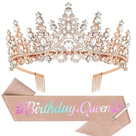 Araluky Birthday Queen Sash and Crown, Happy Birthday Sash for Women & Crown Set Tiaras for Women Princess Party Decorations