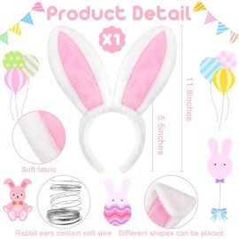 Easter Bunny Headband and tail with rabbit ears costume,Fluffy Bunny Ears Headbands for Easter Costume (White Bow tie)