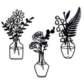 Zzbakress 3 Pcs Black Metal Flowers and Vases Wall Decoration Minimalist Art Wall Sculpture Lily of the valley, Daisy, Carnation Iron Decorative Floral for Living Room or Kitchen(Style 2, Black)