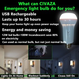 civaza 2 Pack Cordless Rechargeable Light Bulbs with Remote USB Charging,12W Battery Operated Bulb 30H Long Life Emergency for Power Outage,Wireless Home,Outdoor Activities