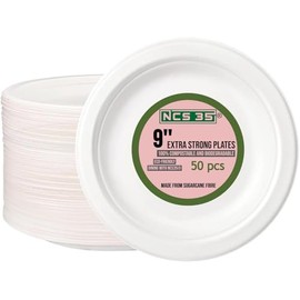 NCS35® 50 Biodegradable 9 inch Compostable Sugarcane Plates Disposable Eco-Friendly Party Plate for Birthday, Parties, BBQ, Weddings, Picnics & Indoor Outdoor Events Disposable Plates