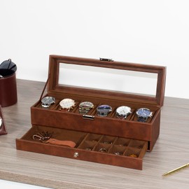 GLOBAL KA Luxury Dual-Layer Men's Watch Box & Jewelry Storage Case | 6-Slot Watch Holder Organizer for Men + Jewelry Compartment