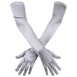 SAVITA Long Elbow Satin Gloves, Stretchy 21inch 1920s Opera Evening Dancing Party Gloves for Women (Silver)