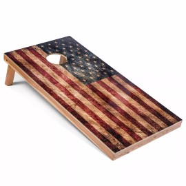 Tailgating Pros Set of 4'x2' Distressed American Flag Cornhole Boards With 8 Cornhole Bags - Black, Gold