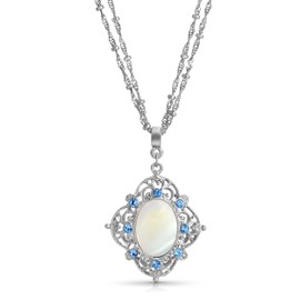 1928 Jewelry Aquamarine Blue Crystal Mother Of Pearl Filigree Pendant Necklace For Women 16" + 3" Extender