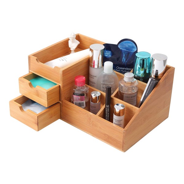 Homode Makeup Organizer, Bamboo Bathroom Counter Organizers and Storage for Vanity Countertop or Dresser Top, Wood Cosmetic Tray Brush Holder with Drawers