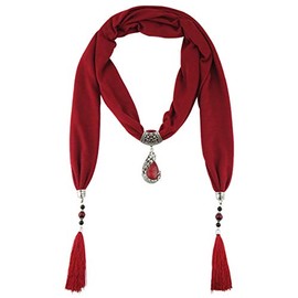 GOGNGTR Vintage Polyester Scarf Alloy Resin Gem Pendant Women's Necklace Jewelry Scarves(sc0021) (Burgundy)
