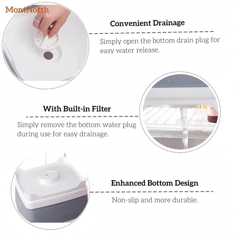 MontNorth Collapsible Wash Basin 9L, Foldable Dish Tub with Drain