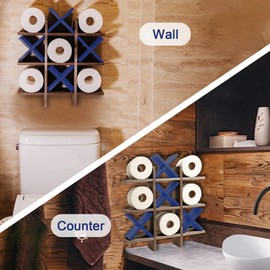 GENMOUS Handmade Tic Tac Toe Toilet Paper Holder with 4pcs Blue X For Farmhouse Bathroom Decor, Funny Wall Mounted Free Standing Toilet Tissue Paper Roll Storage For Kids Guest Restroom Bathroom Decor