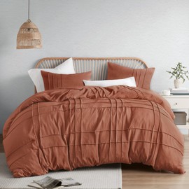 Comfort Spaces Clay Queen Size Duvet Cover Set - 3-pc Pintuck Pleated Duvet Cover Queen, All Season Lightweight, Extra Softness Pre-Washed Microfiber Queen Bed Cover Shams, Queen