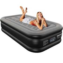 Ezyrest Twin Air Mattress Twin with Built in Pump 16" Double Height Inflatable Mattress with Soft Flocked Top & Carry Bag Adjustable Blow Up Mattress Portable Air Bed for Guest Indoor Travel-Black