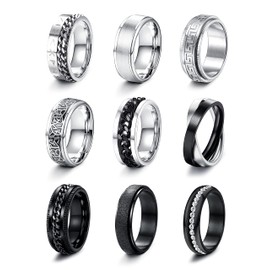 JeryWe 9 Pcs Stainless Steel Rings for Men Women Fidget Rings for Anxiety Cool Spinner Rings Beveled Edges Celtic Black Band Spinner Rings Set Size 10