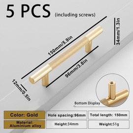 Bikasun 5 PCS Gold Cabinet Handles 96mm(3.7 Inch) Hole Center, T Bar Modern Cabinet Pulls Kitchen Handles Cabinet, for Cupboard Drawer Pulls Dresser Handle Cabinet pulls