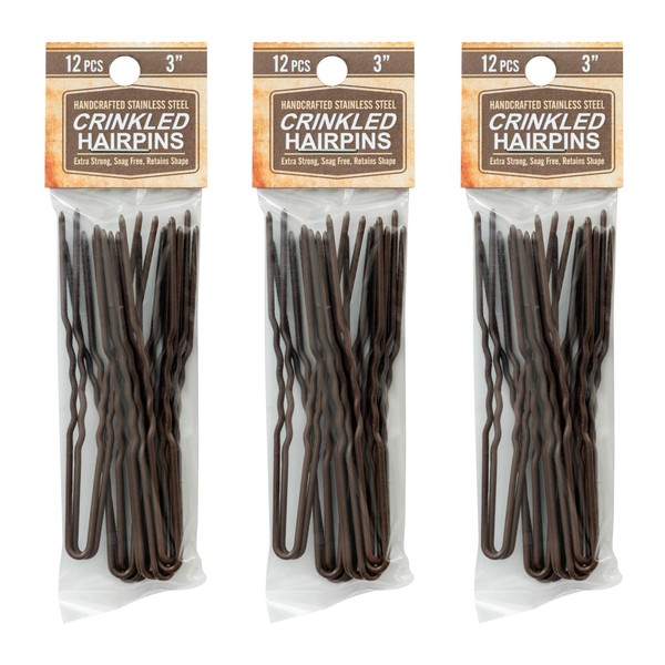Amish Valley Products Hairpins Crinkled Heavy Duty Stainless Steel Handmade Hair Pin Use in place of Hair Clips Barrettes Bobby Pins Snag-less (3 Inch, Brown)