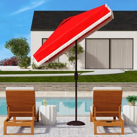 SAFAVIEH 7.5ft Outdoor Patio Umbrella, Square, Milan Fringe, Red & White, Crank, Button Tilt, UV Resistant for Deck, Backyard, Poolside