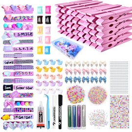 ELIZAHOME 60set Cheer Pins Include 60 Pcs Clothes Pins Wooden,30 Mini Resin Ducks, 30 Bows, 100 Mini DIY Accessories, Tweezers, Stickers, Self-Adhesive,Cheer Gifts(Pink)