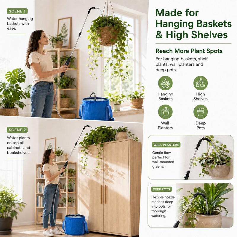 Electric High Reach Plant Waterer with Foldable Bucket, Telescoping Wand