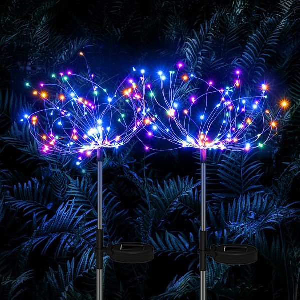 Solar Lights Outdoor Decorative Solar Garden Lights Fireworks Lights Waterproof String Lights 2 Lighting Modes DIY Shape Lights for Party Decor Garden Patio Lawn Yard Party 2 Pack Multi-Colored