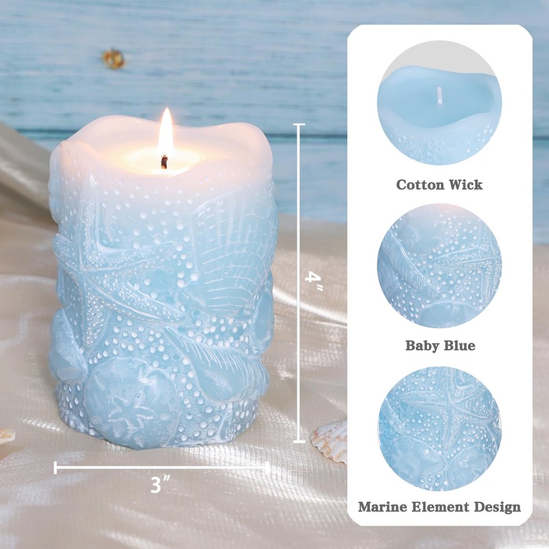 Immeiscent Coastal Starfish Seashell Pillar Candles Set of 3 Light