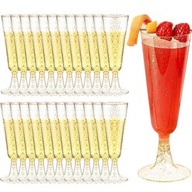 YWKJDDM Plastic Champagne Glasses, Pack of 25 Gold Glitter Champagne Glasses, Champagne Flutes, Reusable Champagne Glasses for Garden, Wedding, Anniversary, Showers, Parties