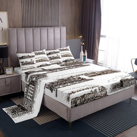 Manfei Retro Steam Locomotive Bedding Set, Kids & Adults Queen Size, Vintage 4pcs with Deep Pocket Fitted Sheet + Flat Sheet + 2 Pillowcases