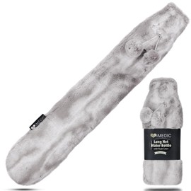 iMedic 2L Extra Long Hot Water Bottle Covered with Luxury Cover Made from Super Soft Fleece or Comfy Knit - Long Hot Water Bottle with Cover UK - Large Hot Water Bottle - Faux Fur Silver Grey