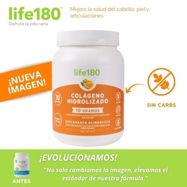 Life180, Colágeno Hidrolizado en Polvo, Sabor Naranja, Paquete de 2 piezas de 450 gr cu , 60 Porciones, 10gr de Colágeno por Porción                  