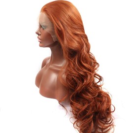 Rugelyss Fashion Glueless Auburn Copper Red 24Inch Long Natural Wavy Free Part Small Area Lace Front Wigs Heat Resistant Synthetic Hair Wig for Women (Copper Red)