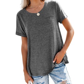 Bingerlily Women's Roll Up Short Sleeve T Shirts Summer Crew Neck Tops Loose Causal Tees with Pocket Charcoal