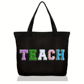 Narasios Teacher Appreciation Gifts Women Tote Bag Funny Birthday Graduation Thank You Gag Gifts for Teacher Black Cotton Canvas Colorful Teach Letters with Interior Pocket