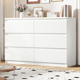 Jocoevol White 6 Drawer Dresser for Bedroom, Modern Fluted Dresser with Deep Drawers, Large Double Wooden Chest of Drawers for Living Room, Hallway, Entryway (White)