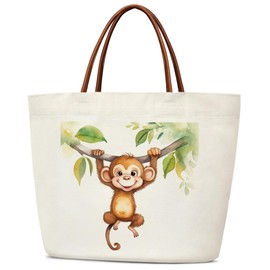 Monkey Canvas Tote Bag - Cute Animal Inspirational Gift for Women, Teen Daughter, Friend - Reusable Grocery Shopping Shoulder Bag With Handles, Foldable Beach Tote -05