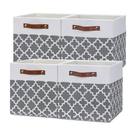 Temary 12x12x12 Fabric Storage Bins 4 Pack with Leather Handle, Foldable Cubes Storage Box Baskets for Closet, Shelf (White&Lattice)