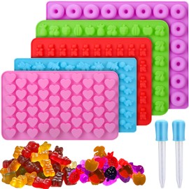 Palksky 5Pcs Gummy Candy Molds, Gummy Bear Molds, Gummy Fruit Molds,Gummy Dinosaur Molds, Gummy Donut Molds and Gummy Hearts Molds, Non-stick Silicone Candy Molds with 2 Droppers