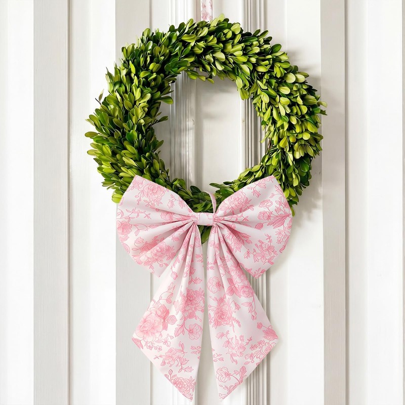 Suncalla 2 Pcs Pink Toile Chinoiserie Wreath Bow for Front