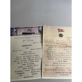 RMS TITANIC 1ST & 2ND CLASS BREAKFAST MENUS REPLICA SET. NICE!