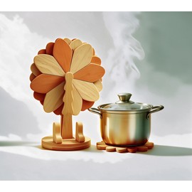 Sunflower Trivets for Hot Dishes, Set of 5 Petal Shaped Bamboo Hot Pads with Tree Stand, 5.5 Inch Heat Resistant Coaster Trivets for Teapots, Bowls and Small Pots, Farmhouse Kitchen Decor