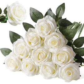 Nubry Ramo de rosas artificiales de seda realistas, rosas falsas blancas para decoración de boda, fiesta en el hogar, evento, regalo, 10 piezas (blanco roto)