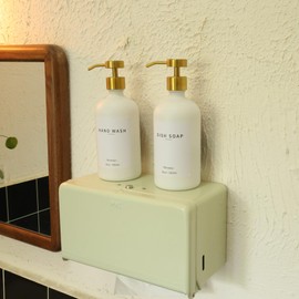 Ronasip Set of 5 Kitchen Soap Dispenser Set 16 Oz Glass Hand Dish Soap Dispenser with Stainless Steel Pump, Cement Tray, Dish Scrub Brush for Farmhouse Rustic Home Bathroom Decor (White)