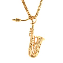 PAMTIER Unisex Stainless Steel European and American Style Saxophone Musical Instruments Pendant Hip Hop Punk Necklace with Chain Gold