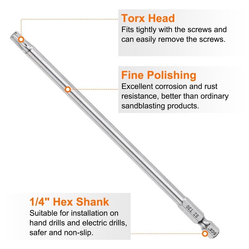 HARFINGTON T30 Torx Bit 1/4" Hex Shank 6" Long S2