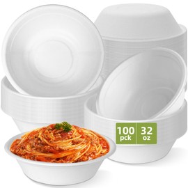 VEIZEDD 100Pack 32 oz Paper Bowls, Disposable Compostable Bowls Heavy Duty, Biodegradable Sugarcane Bowls Bulk for Hot Soup, Salad, Party (White)