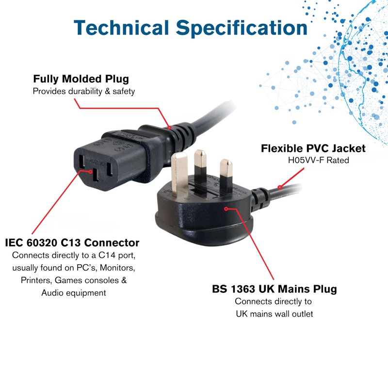 C2G 88511 0.5m 16 AWG UK Power Cord (IEC320C13 to