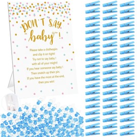Juego de Pinzas Don't Say Baby Shower Boy Incluye Letrero de Pie de 8x11'', 60 Mini Pinzas de Ropa Azules, 60 Mini Chupetes