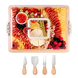CAWIU Charcuterie Board with Lid and Handle - Portable Travel Design Bamboo Cheese Board Set with 4 Cheese Tools, Gift for Housewarming, Weddings, Picnics(8 Compartments, White)
