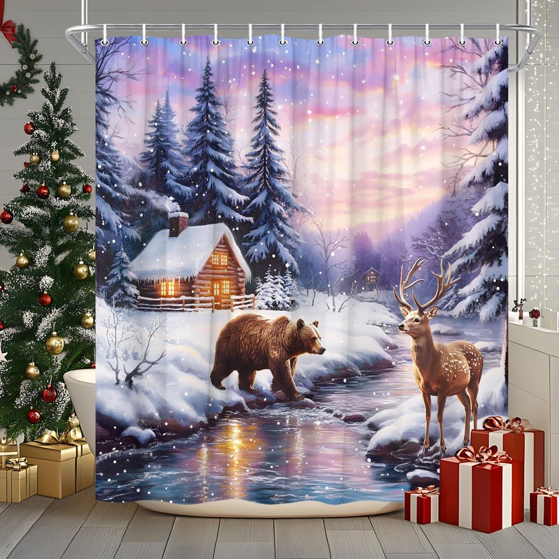Winter Forest Animal Shower Curtain Deer Bear Merry Christmas Snow