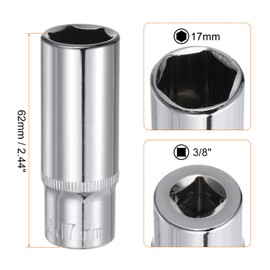 sourcing map 6-Point Socket 3/8" Drive 17mm Deep 2.44" Length 45# Steel Metric Square Drive Sockets Polishing Chromed Sockets for Car Repair Mechanical Maintenance Home Use